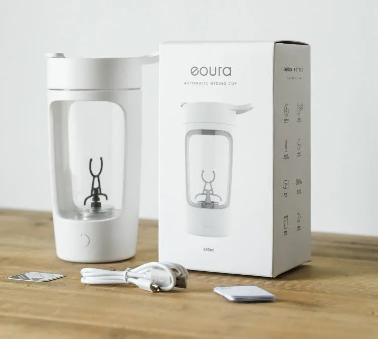 Portable automatic blender cup in black, blue, pink, or white showing 650ml capacity.