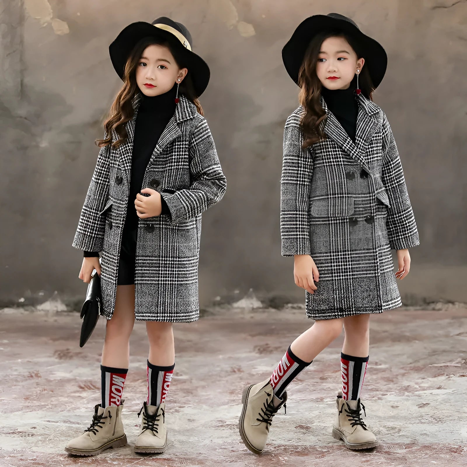 Girls grey and white houndstooth check coat with a suit collar and long sleeves.