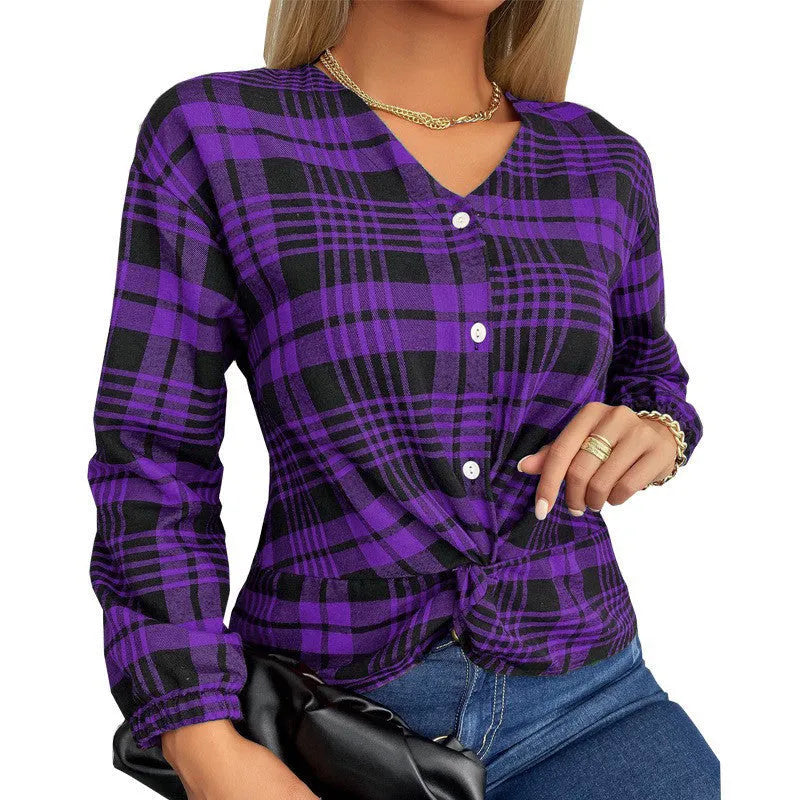 Women's plaid casual loose shirt in purple, gray, or red with regular sleeves and polyester fabric
