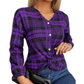 Women's plaid casual loose shirt in purple, gray, or red with regular sleeves and polyester fabric