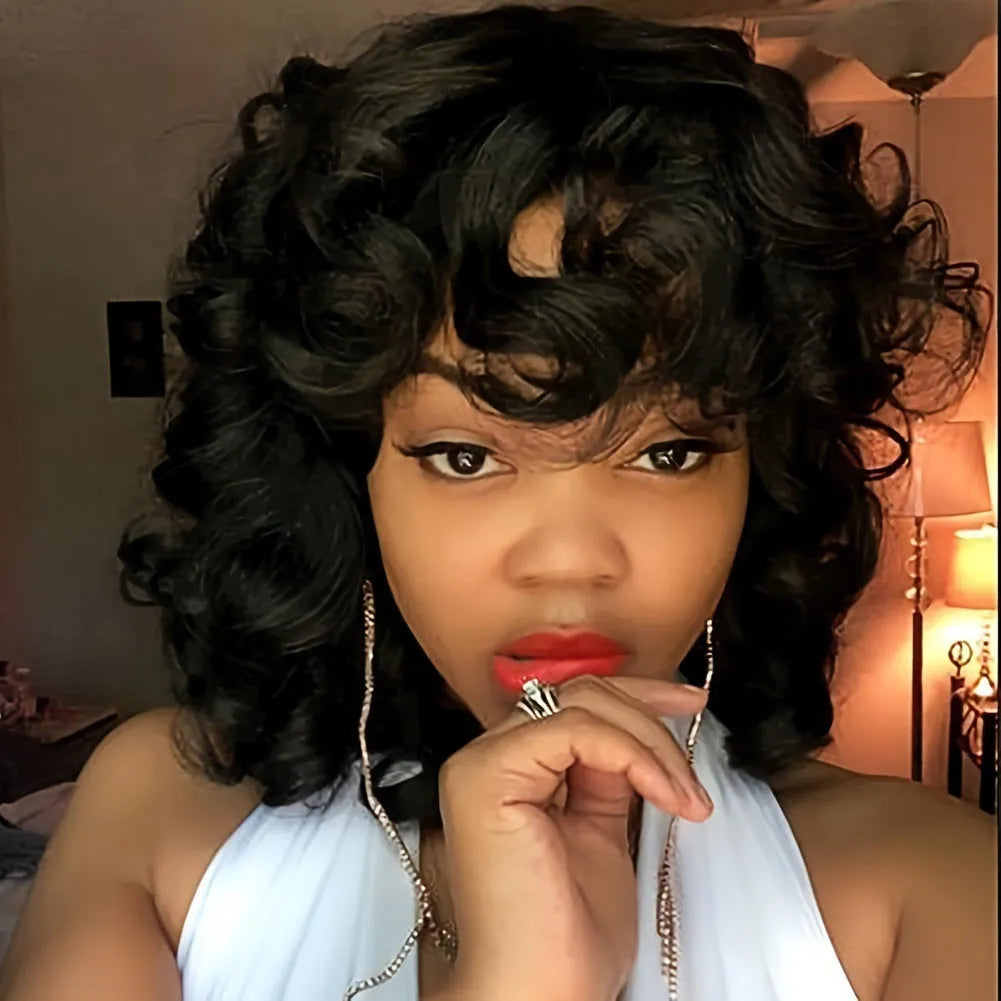 Black synthetic afro wig with long curly hair in exotic style for women