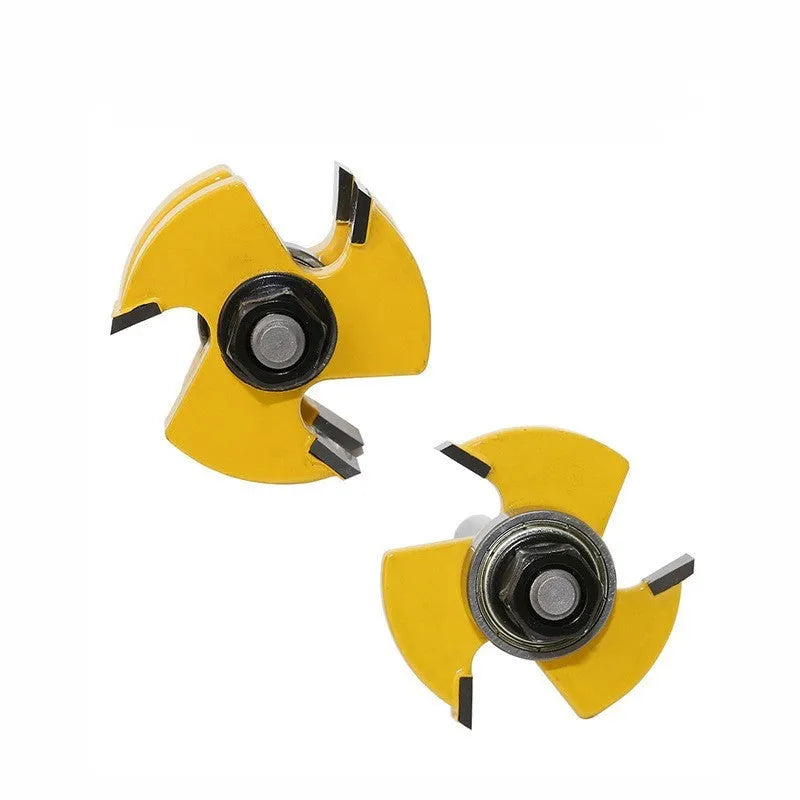 Carbide T-slot woodworking cutter with three-tooth T-shaped design and 8mm straight handle