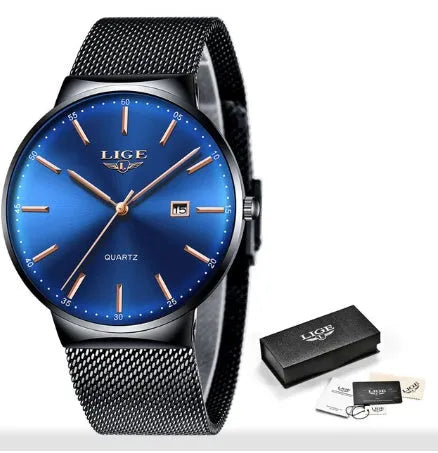 Men's stainless steel watch with 40mm case, available in black, blue, and black-blue colour options