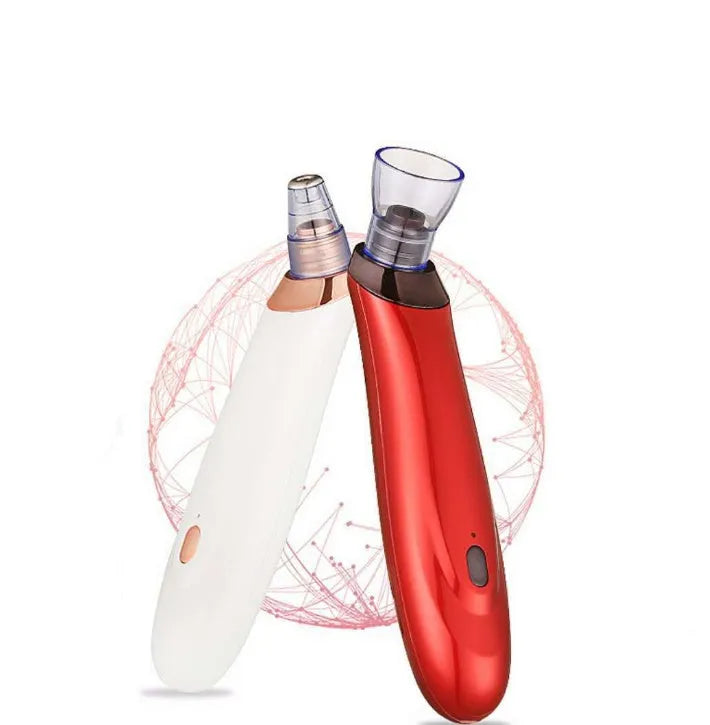 Handheld electric blackhead remover tool with multiple nozzle attachments on a white background.