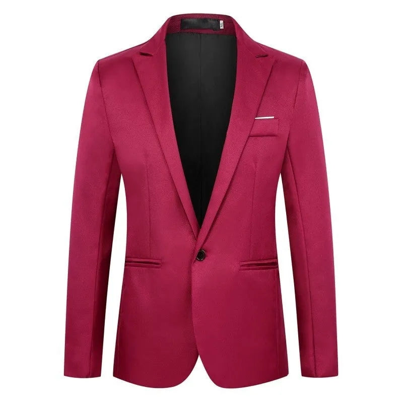 Men's acetate fibre wedding tuxedo jacket in loose fit available in eight colours including wine red and sky blue