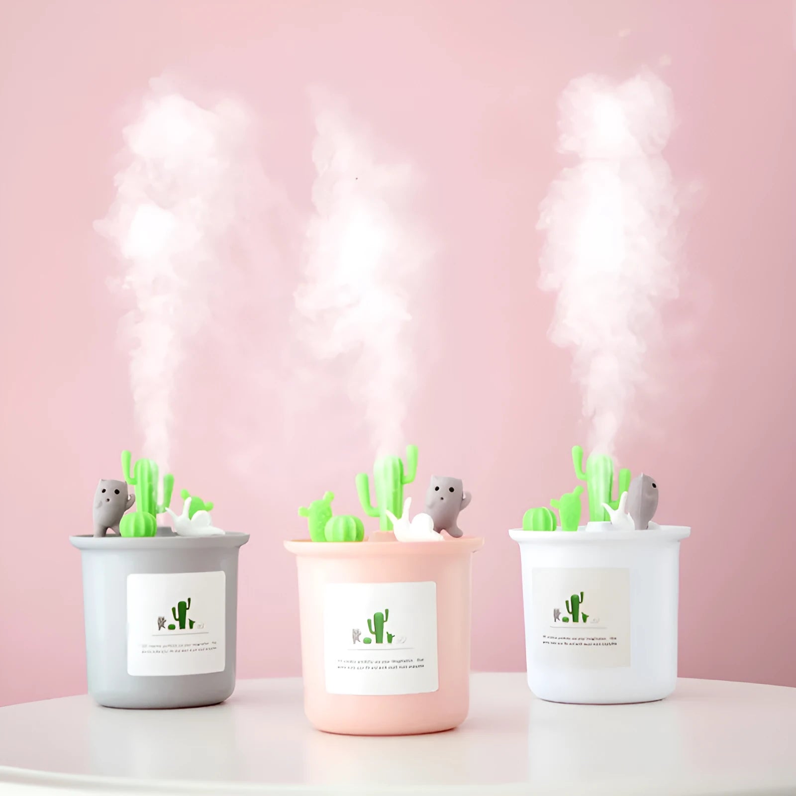 Vase-shaped pet humidifier in grey, pink, or white with mechanical dials and a water tank.