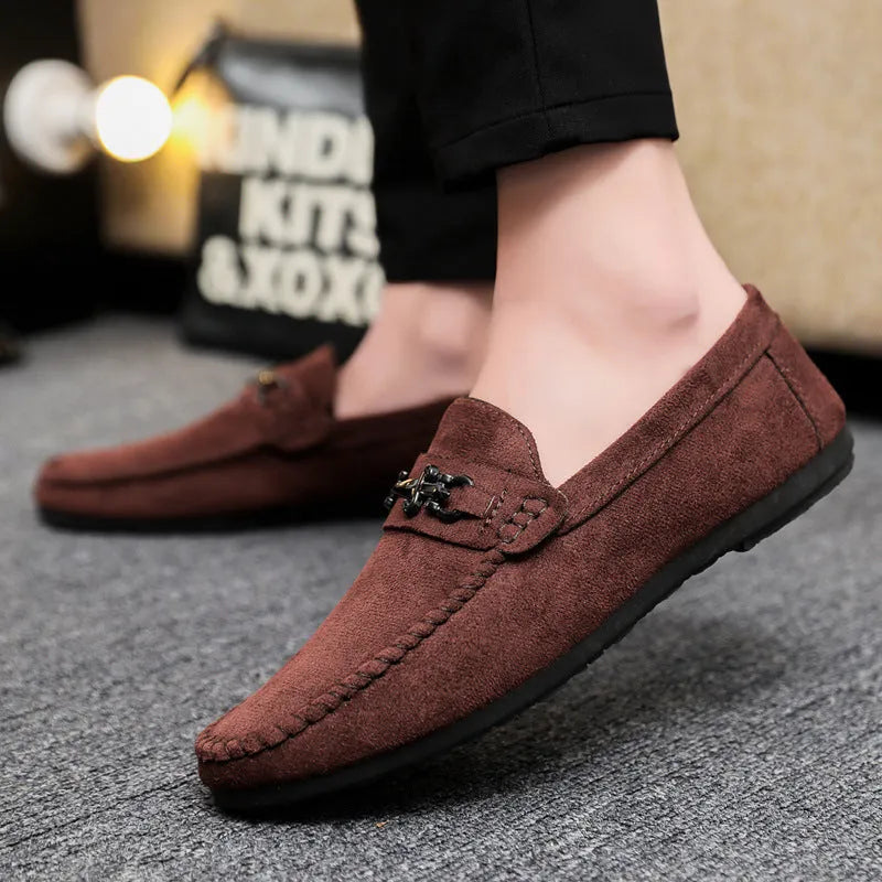Men's black and brown waterproof PU leather slip-on loafers with round toe and rubber sole