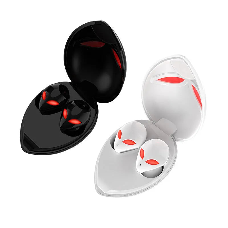 Creative Outer T8 Starman Bluetooth headset with alien design, wireless charging case, and 10mm speakers in black or white