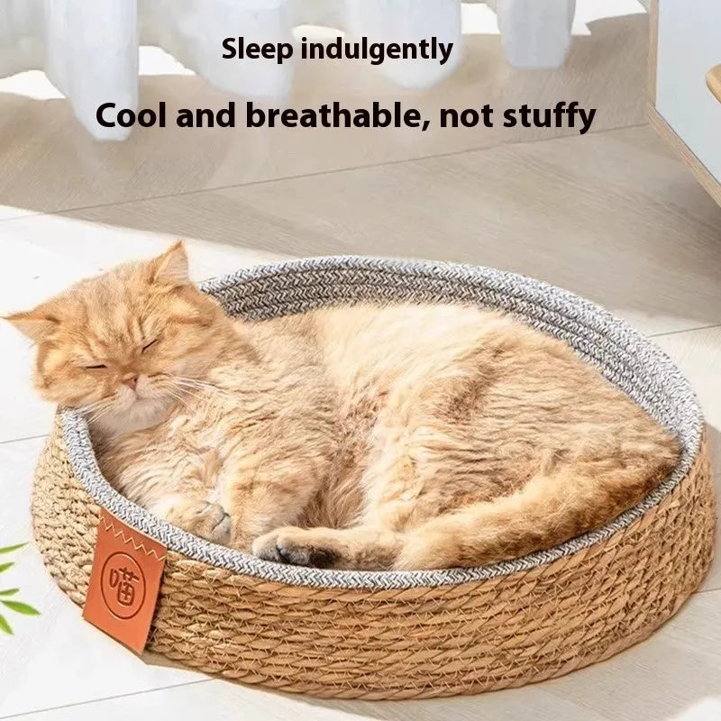 Woven rattan cat bed or nest for pets, shown in one of four available sizes