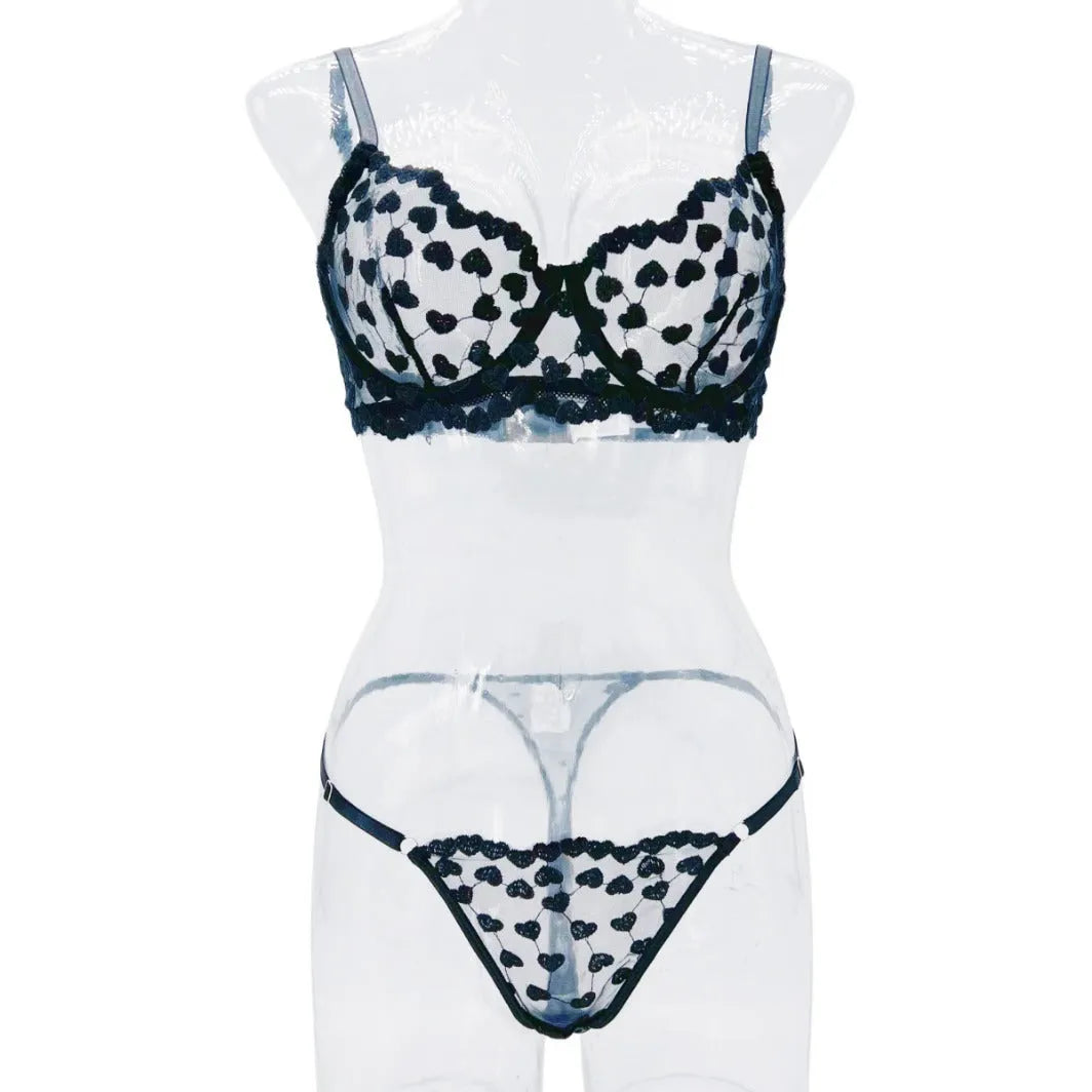 Women's romantic multi-colour mesh two-piece co-ord suit set with long sleeves and high-waisted trousers.