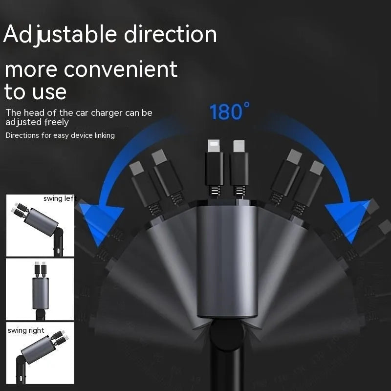 Automatic retractable car charger with extended headband showing four USB ports and cigarette lighter plug