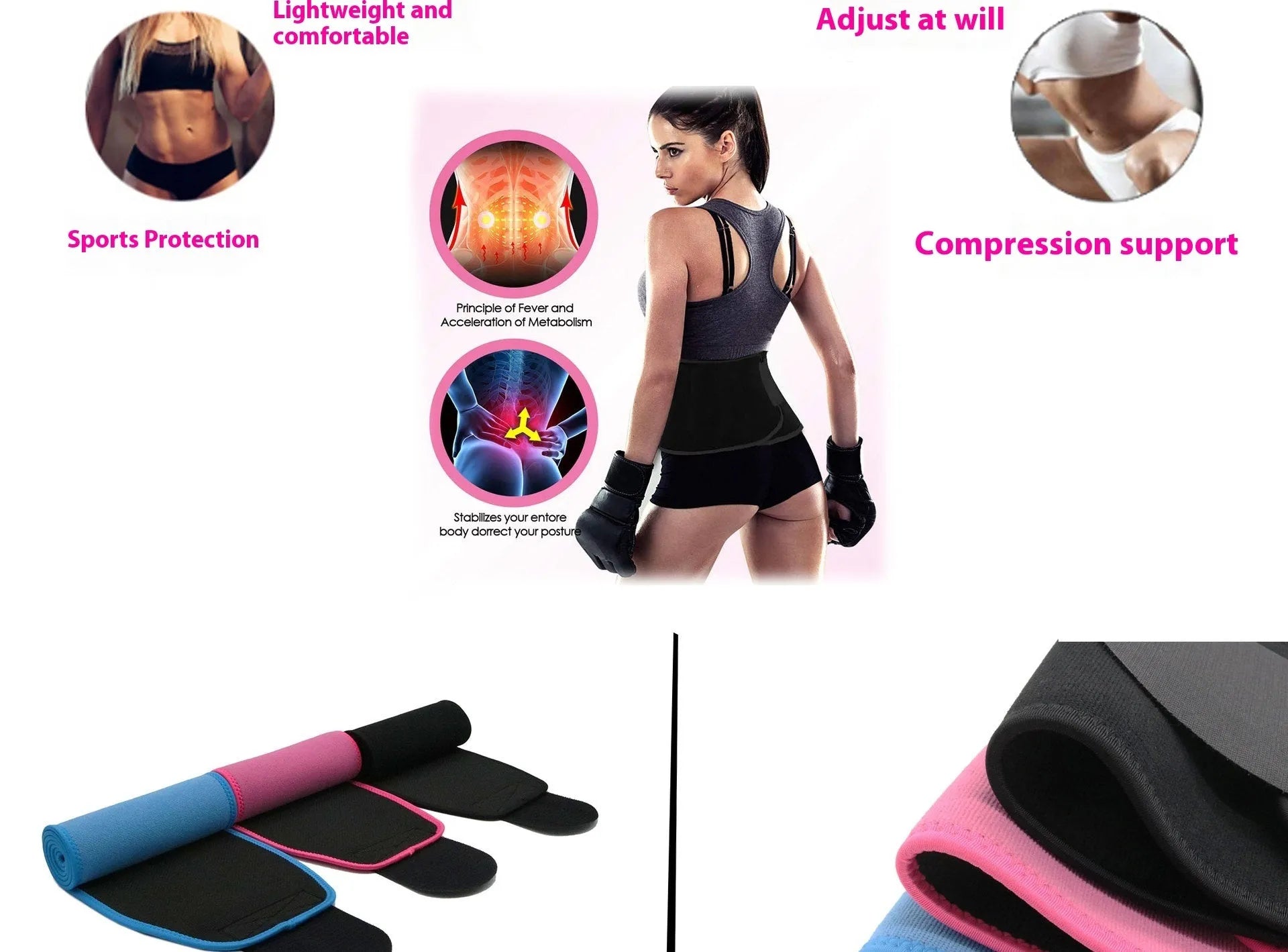 Neoprene lumbar support belt wrapped around waist showing adjustable hook-and-loop closure in black colour