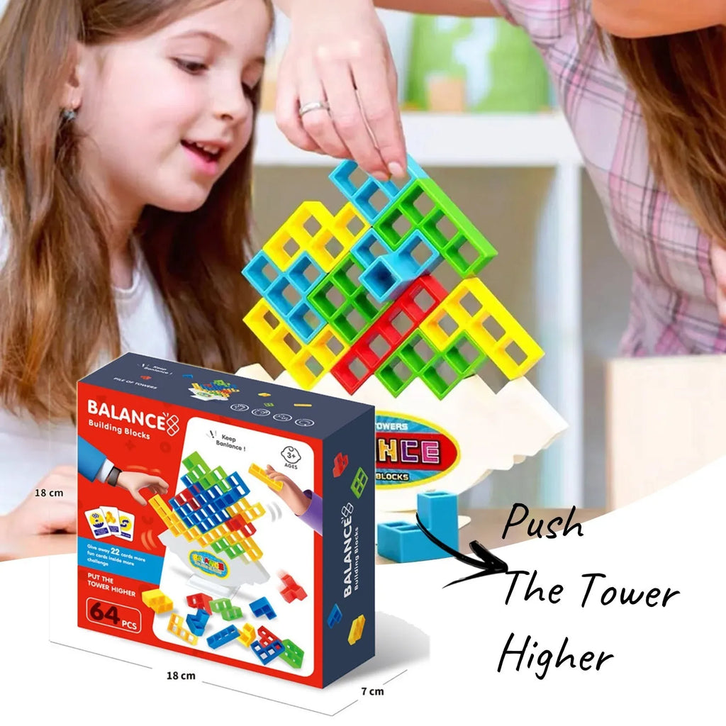 Plastic balance stacking game with 16 coloured blocks on 26.5cm square chassis for family play