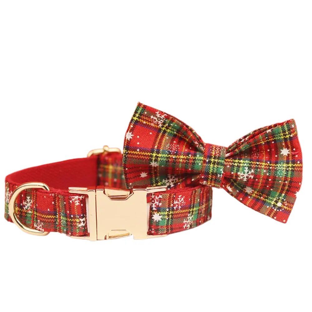 Red Christmas dog collar and leash set with snowflake patterns, plaid leash, vest, and bow tie