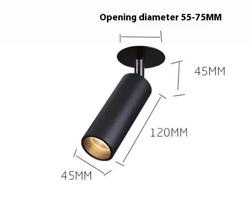 Black and white aluminium embedded cylinder track spotlight for recessed ceiling installation in 55-75mm hole.