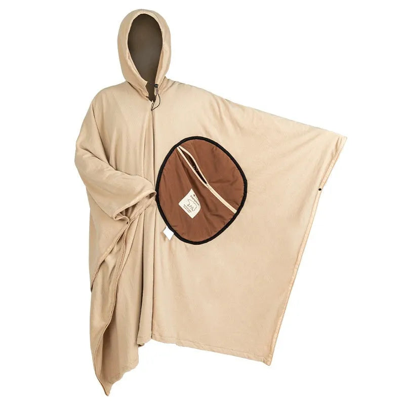 Multi-purpose cloak sleeping bag in polar fleece, wearable cape design, Army Green and Milk Coffee colours, 210 x 160cm full size.