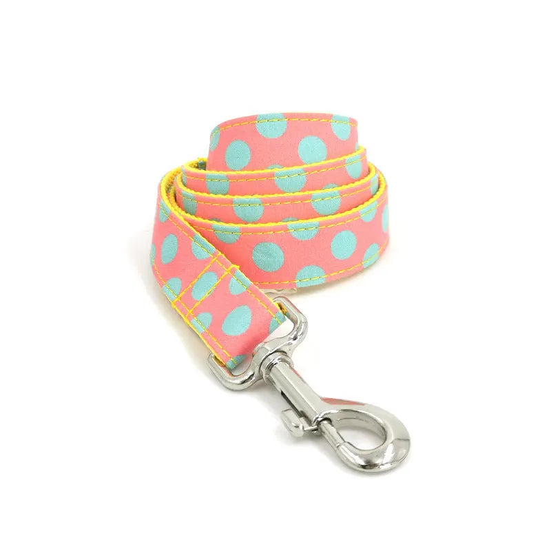 Yellow polka dot dog collar and lead rope set with bow detailing