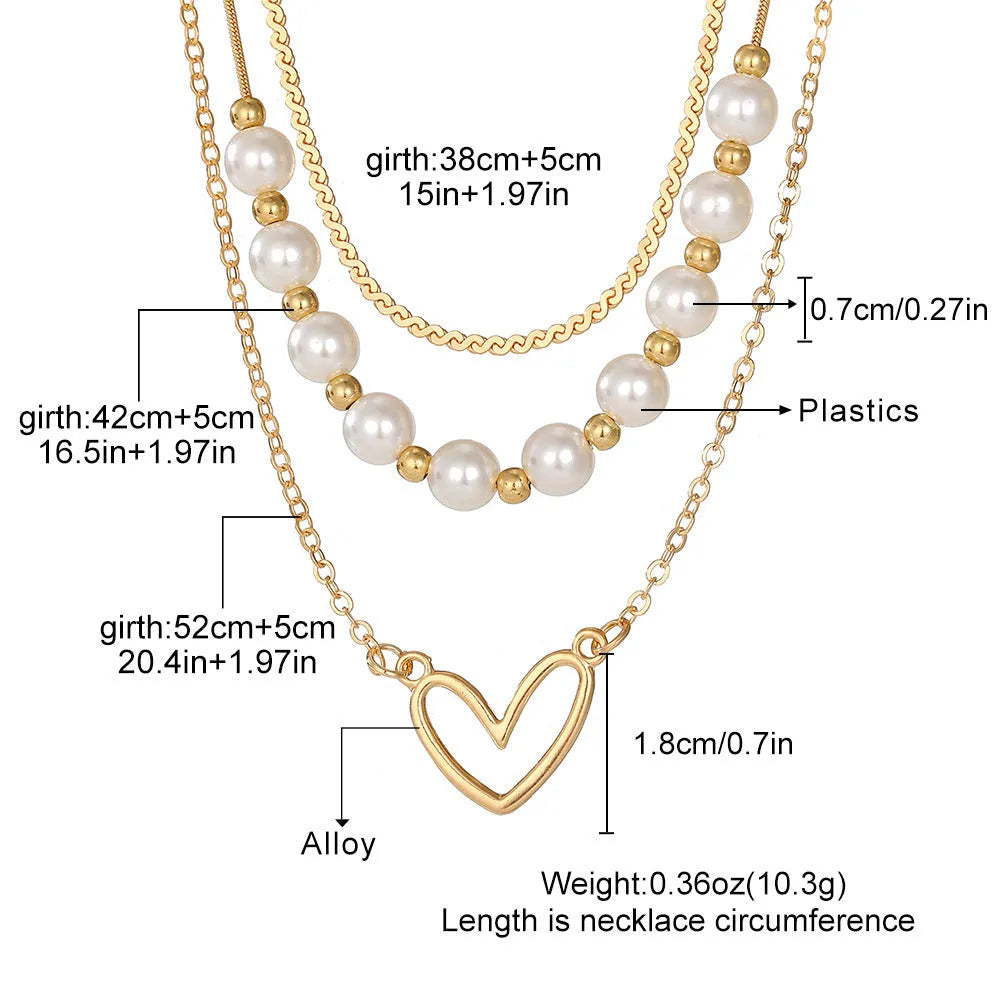 Vintage gold heart necklace on pearl chain with adjustable 41-50cm length
