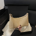 Straw woven beach shoulder tote bag in horizontal square shape with sandwich pocket