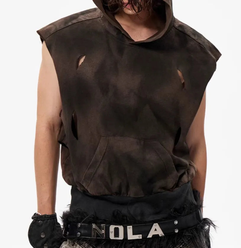 Khaki coloured cotton short sleeve hood vest on a hanger.