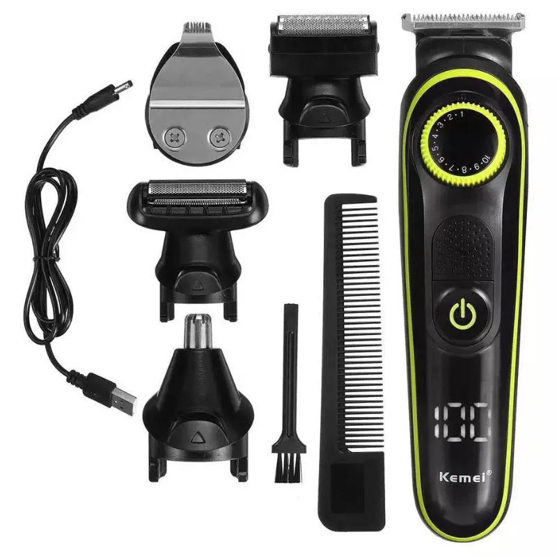 Black KM-696 rechargeable electric hair clipper kit with stainless steel blade and cleaning brush