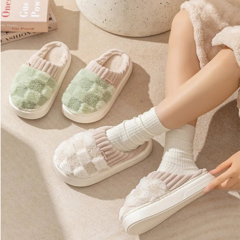 Plaid plush slippers for women with non-slip PVC sole and warm plush lining in multiple colours
