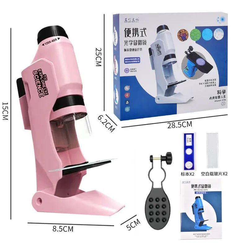 Children's portable optical handheld microscope toy 8.5x5x15cm in blue, pink or white with colour box
