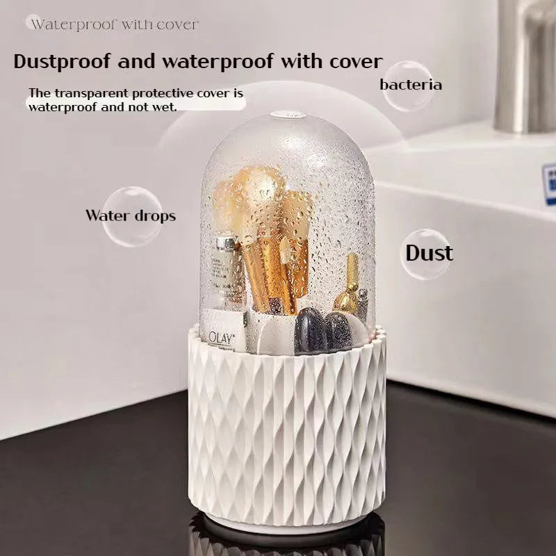 White rotating acrylic makeup brush storage box with transparent lid on desktop