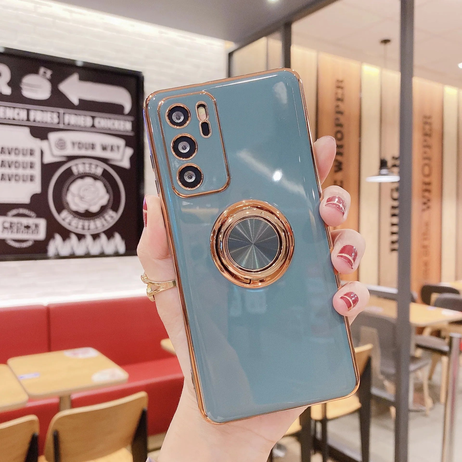 Huawei phone case with an integrated magnetic ring on the back in various colours.