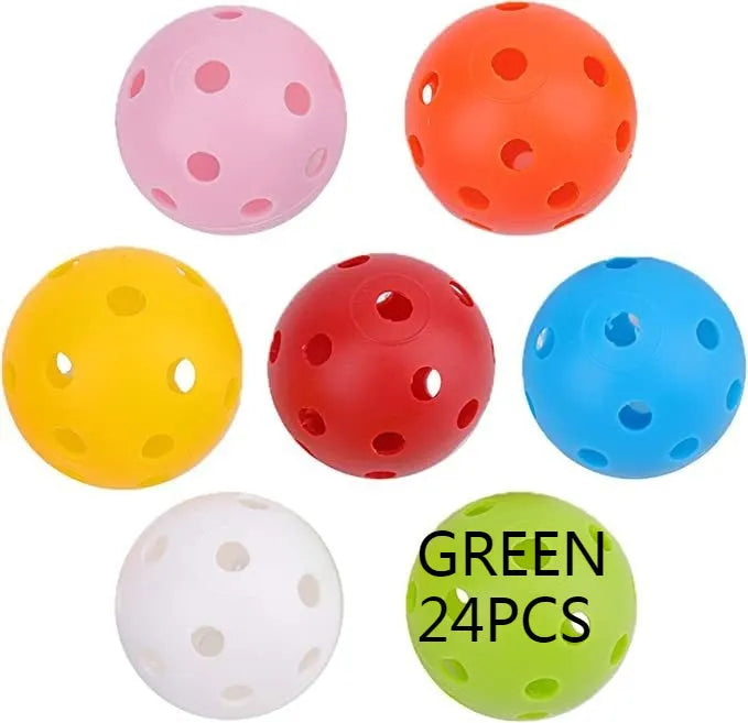Six-colour golf practice balls in net pocket, each measuring 42mm diameter