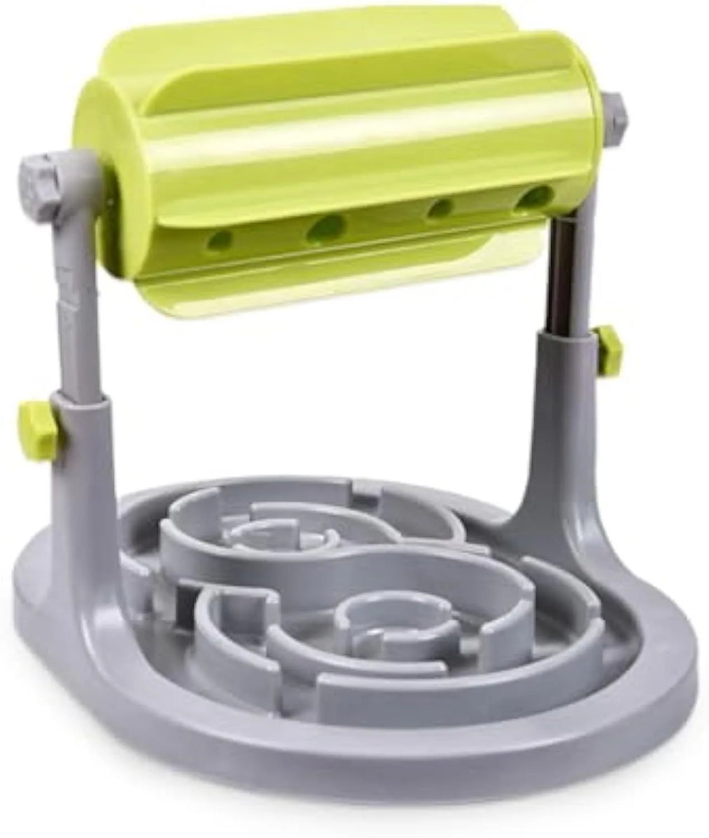 Blue interactive pet puzzle feeder with adjustable height and raised patterns for slow feeding