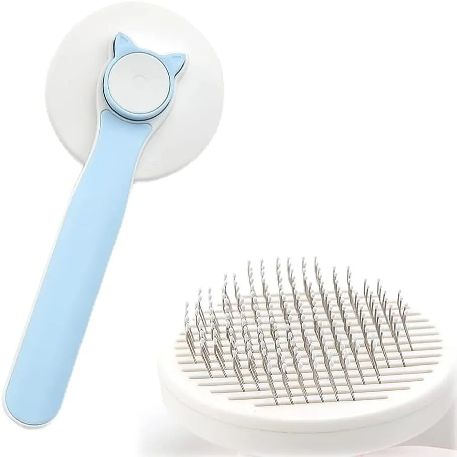 Self-cleaning cat brush with blue handle and metal pins for grooming pets
