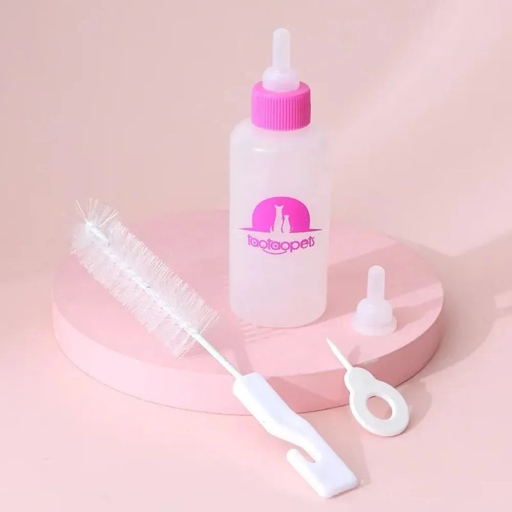 Four coloured pet milk bottle feeders with cleaning brush for newborn puppies and kittens