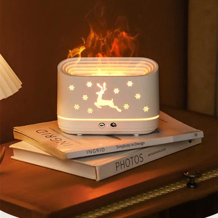 White round humidifier diffuser with glowing flame effect light and USB cable