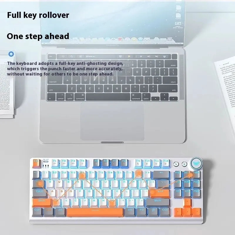 Tarantula wireless mechanical keyboard with side-engraved keycaps showing Bluetooth connectivity indicator and compact 356mm metal design