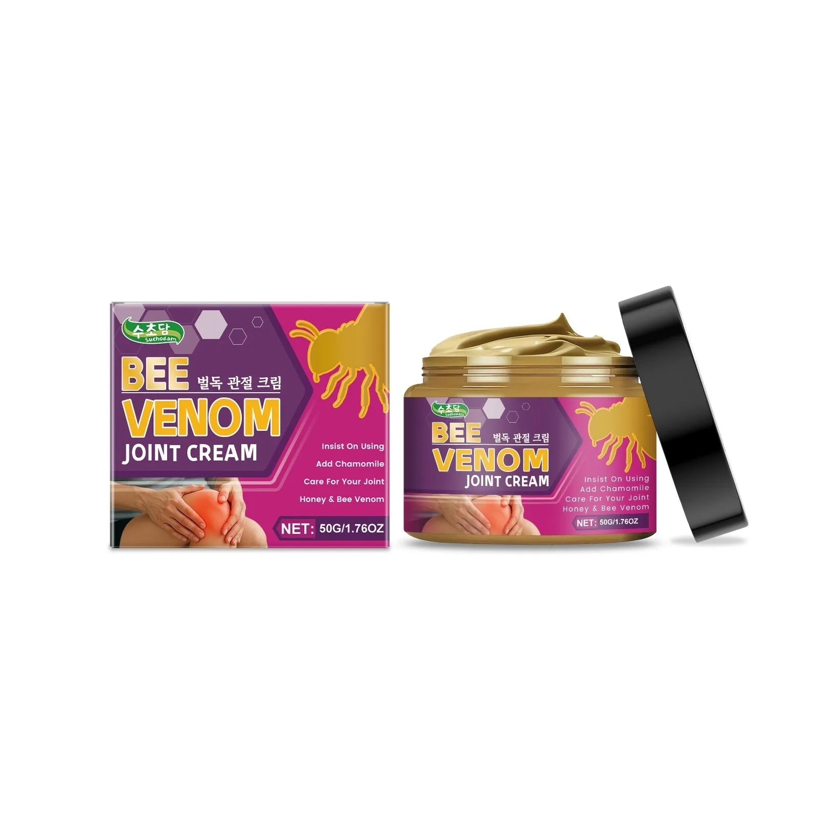 50g tube of joint cream with chamomile, aloe, honey, and bee venom extracts for topical application