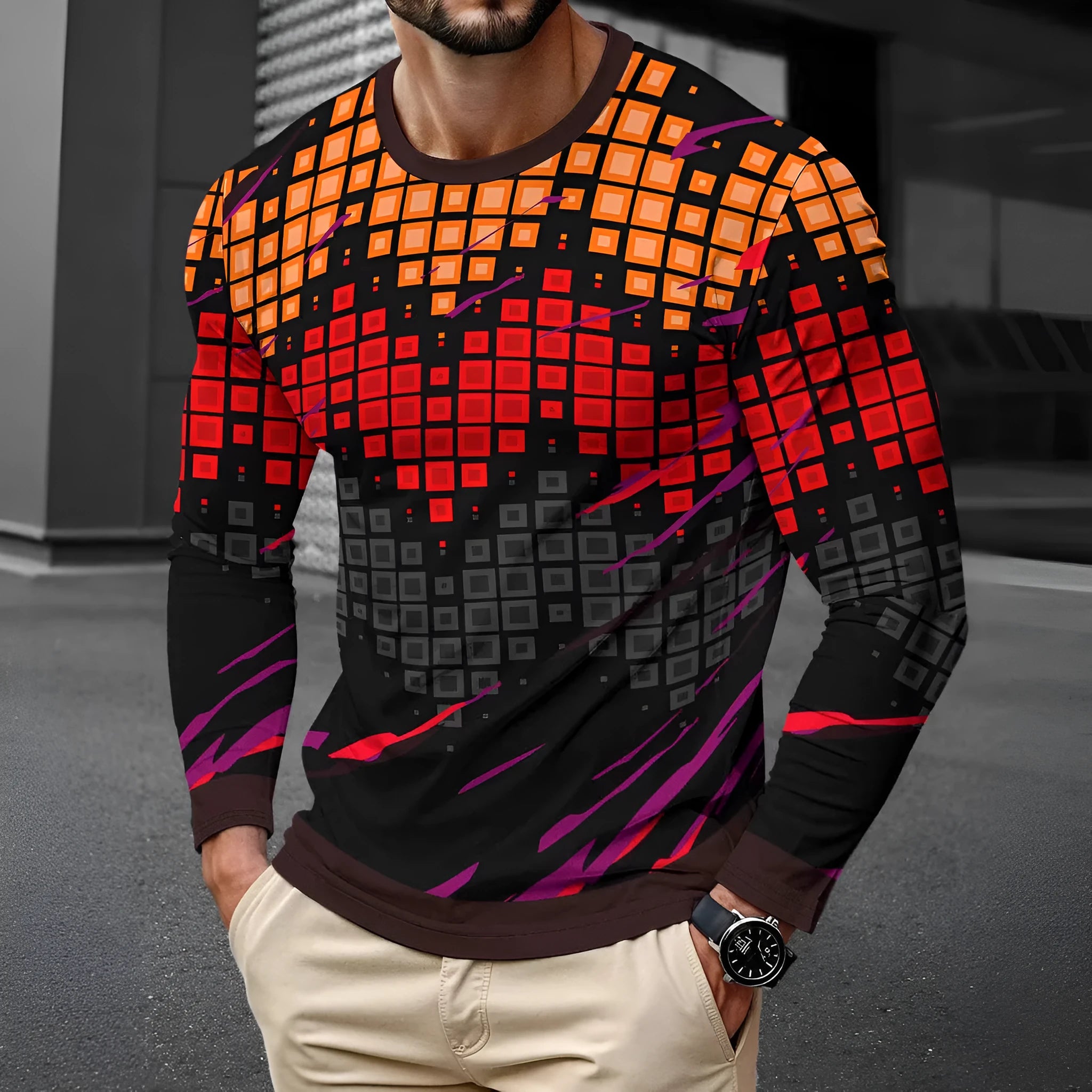 Man wearing a simple long sleeve milk silk pullover in a casual colour.