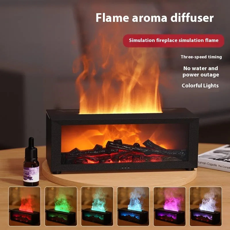 Square flame aromatherapy machine with LED lights creating 3D flame effect and essential oil diffusion
