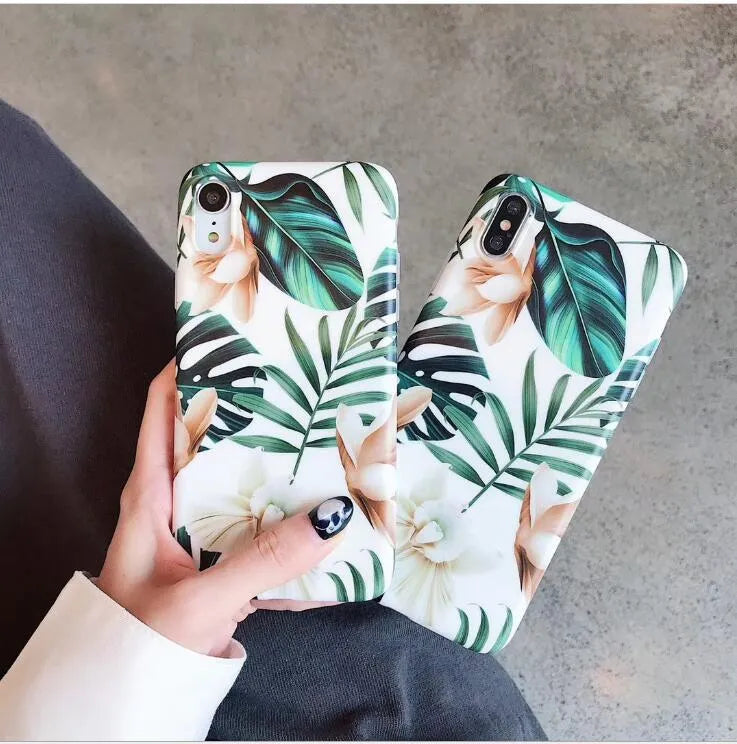 Floral banana leaf artwork phone case for iPhone models with flower leaves colour