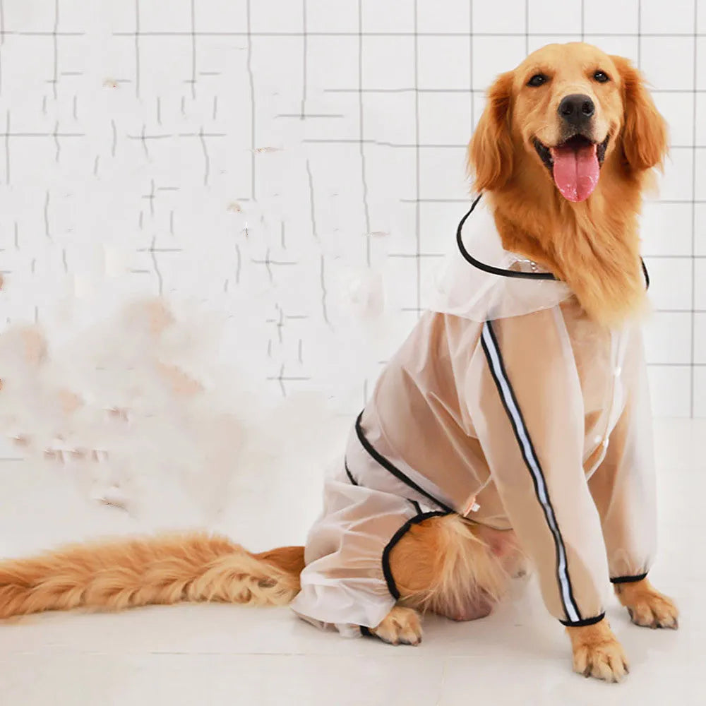 Transparent waterproof large dog raincoat made from raincoat cloth and TPU material, sizes XS to 7XL