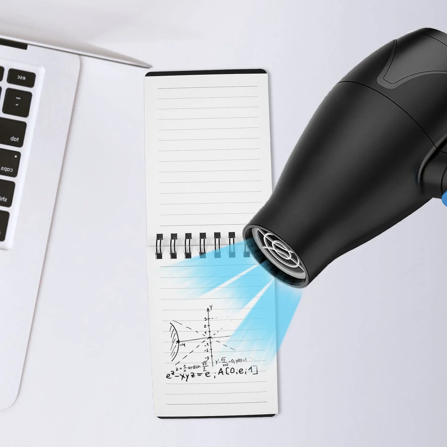 Black and white transparent spiral-bound Business Intelligence Notepad with pen and rag.