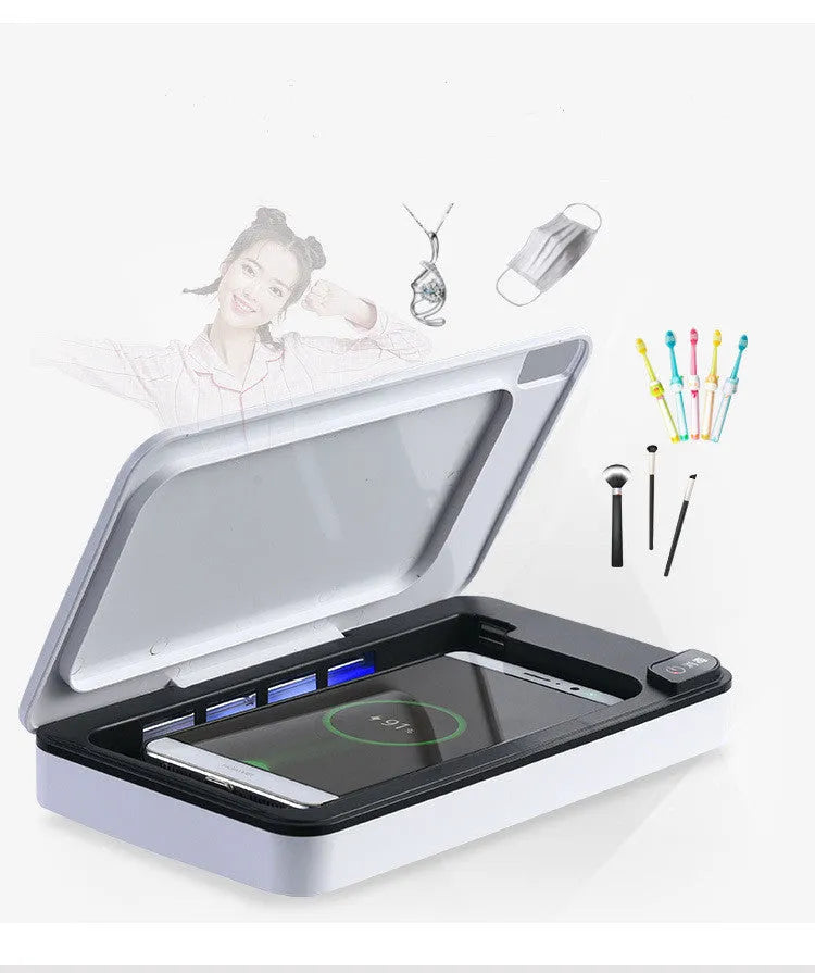 White multifunctional wireless phone charger and UV air steriliser unit with remote control.