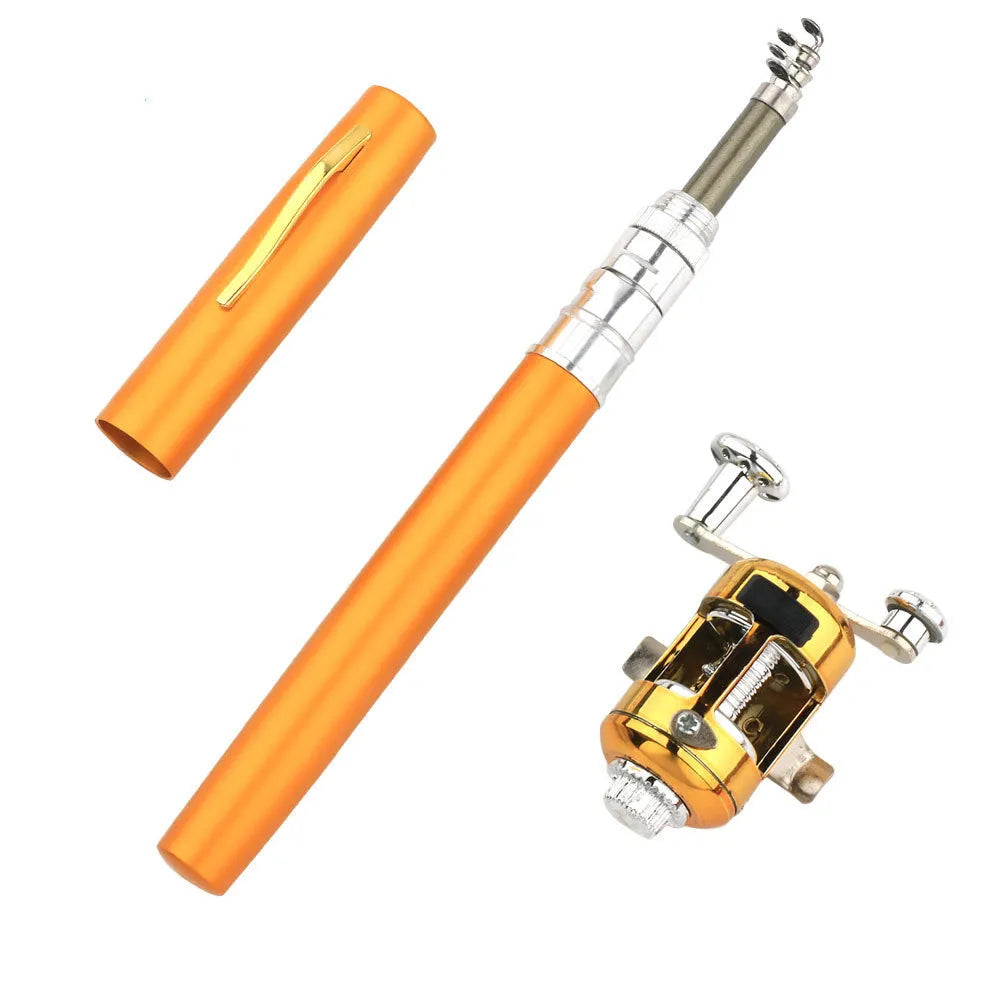Telescopic fishing rod collapsed in aluminium alloy case beside extended 1m rod with drum attached