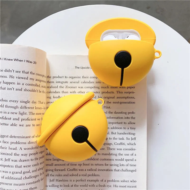 Yellow bell-shaped silicone protective case for AirPods 1st and 2nd generation with a keyring hole.