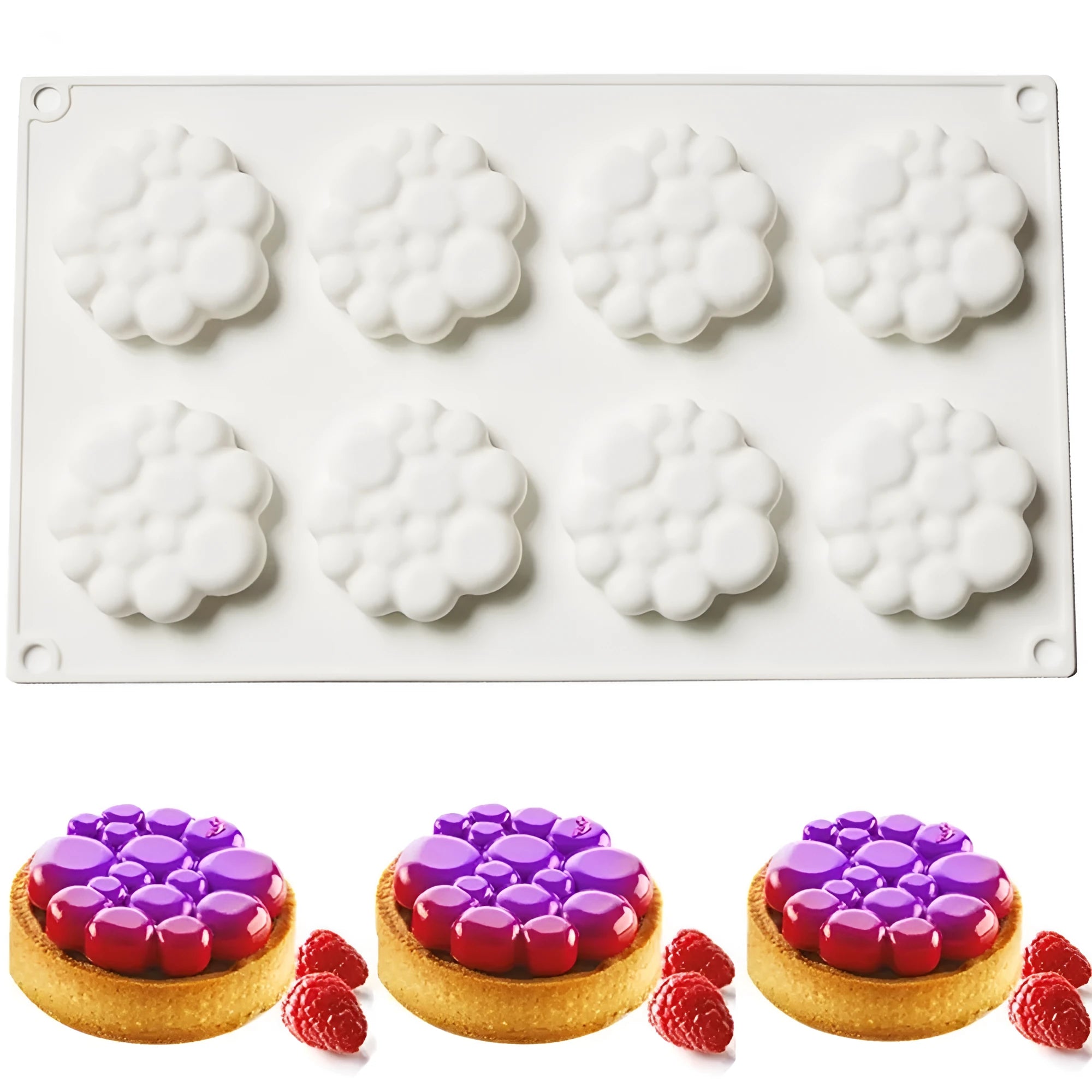 Round silicone cake mould with 8 bubble tower pattern design on a kitchen worktop.
