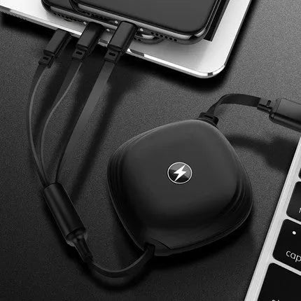 3-in-1 telescopic charging cable with TPE-coated 120cm wire and titanium alloy connectors in multiple colour options