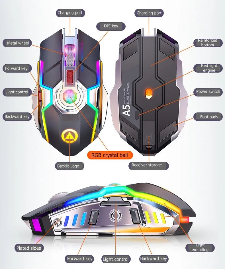 Wireless gaming mouse with RGB lighting, rechargeable battery, mute button, and USB receiver, in black or grey.