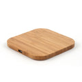 Square wooden bamboo wireless charger measuring 92mm by 92mm by 8mm with Qi certification