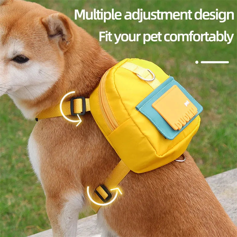 Blue dog backpack with adjustable harness and storage compartments for hiking and travel
