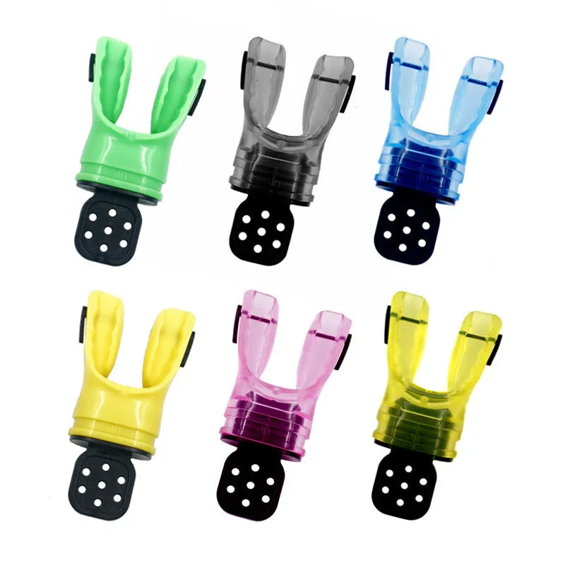 Plastic free edible silicone diving mouthpiece in assorted colours showing 110mm length.
